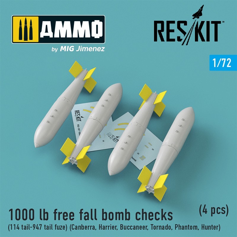 1/72 1000 lb free fall bomb checks (114 tail-947 tail fuze) (Canberra, Harrier, Buccaneer, Tornado, Phantom, Hunter) (4 pcs)