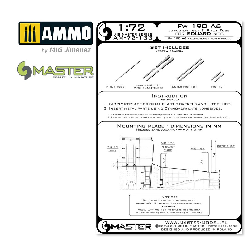 MASTER AM48052-1:48 Me-163A Komet & Pitot MG 151 barrel tips armament set